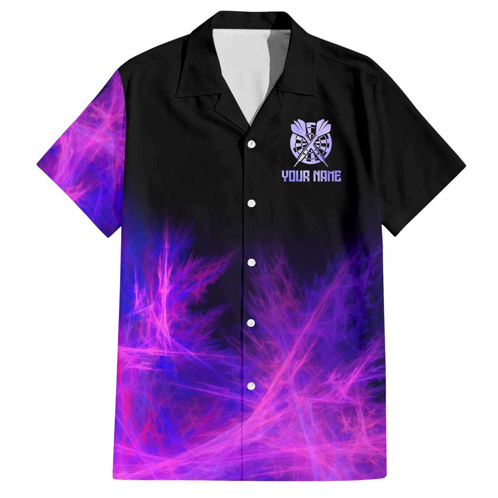 Dartboard and Darts Family Matching Off Shoulder Short Dress and Hawaiian Shirt with Purple Smoke Background and Custom Team Name - Wonder Print Shop