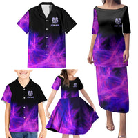 Dartboard and Darts Family Matching Puletasi and Hawaiian Shirt with Purple Smoke Background and Custom Team Name - Wonder Print Shop