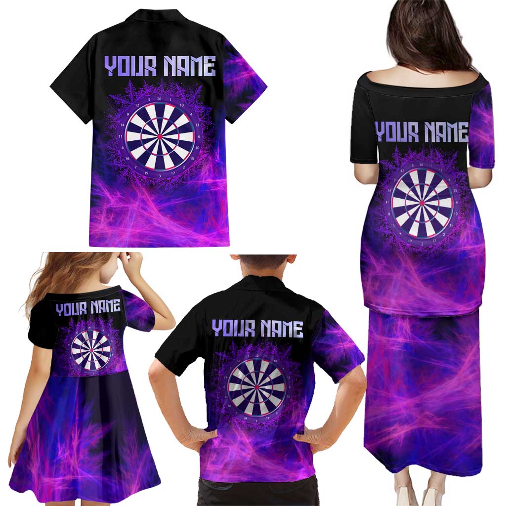 Dartboard and Darts Family Matching Puletasi and Hawaiian Shirt with Purple Smoke Background and Custom Team Name - Wonder Print Shop