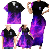 Dartboard and Darts Family Matching Short Sleeve Bodycon Dress and Hawaiian Shirt with Purple Smoke Background and Custom Team Name - Wonder Print Shop