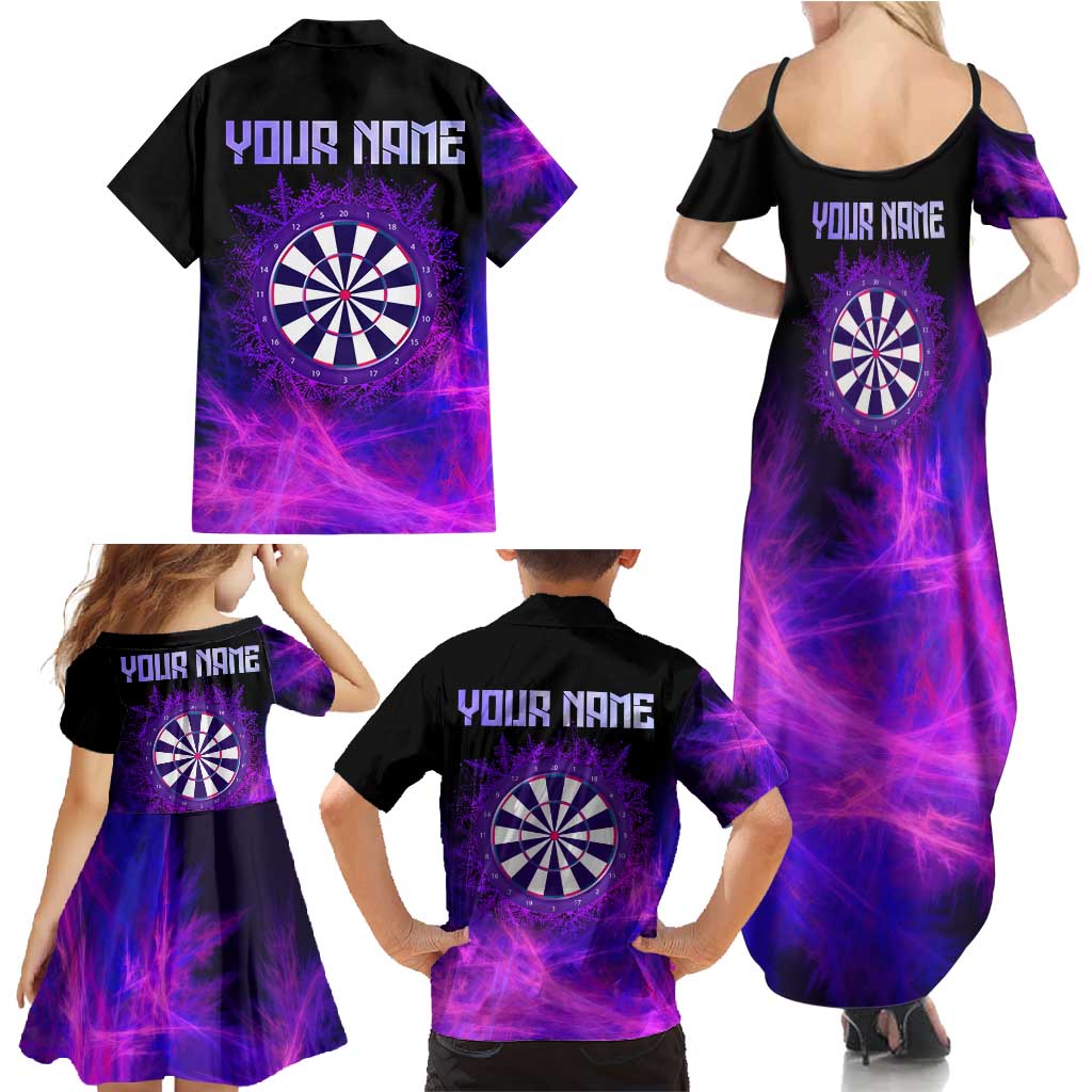 Dartboard and Darts Family Matching Summer Maxi Dress and Hawaiian Shirt with Purple Smoke Background and Custom Team Name - Wonder Print Shop
