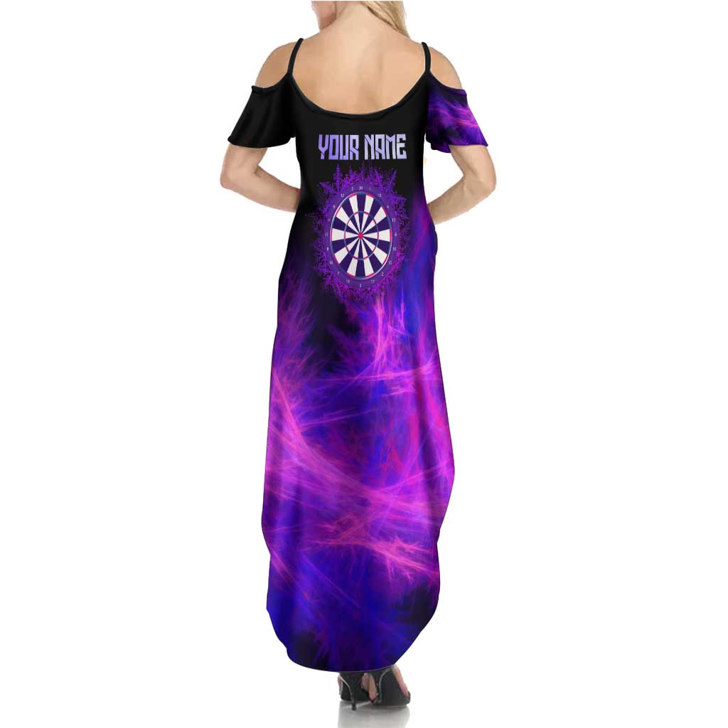Dartboard and Darts Family Matching Summer Maxi Dress and Hawaiian Shirt with Purple Smoke Background and Custom Team Name - Wonder Print Shop