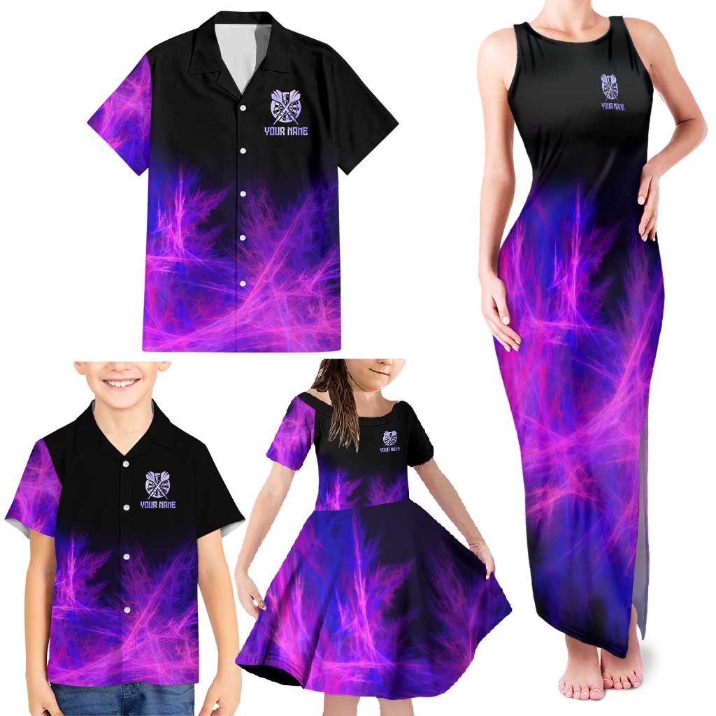 Dartboard and Darts Family Matching Tank Maxi Dress and Hawaiian Shirt with Purple Smoke Background and Custom Team Name - Wonder Print Shop