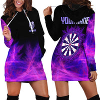 Dartboard and Darts Hoodie Dress with Purple Smoke Background and Custom Team Name - Wonder Print Shop