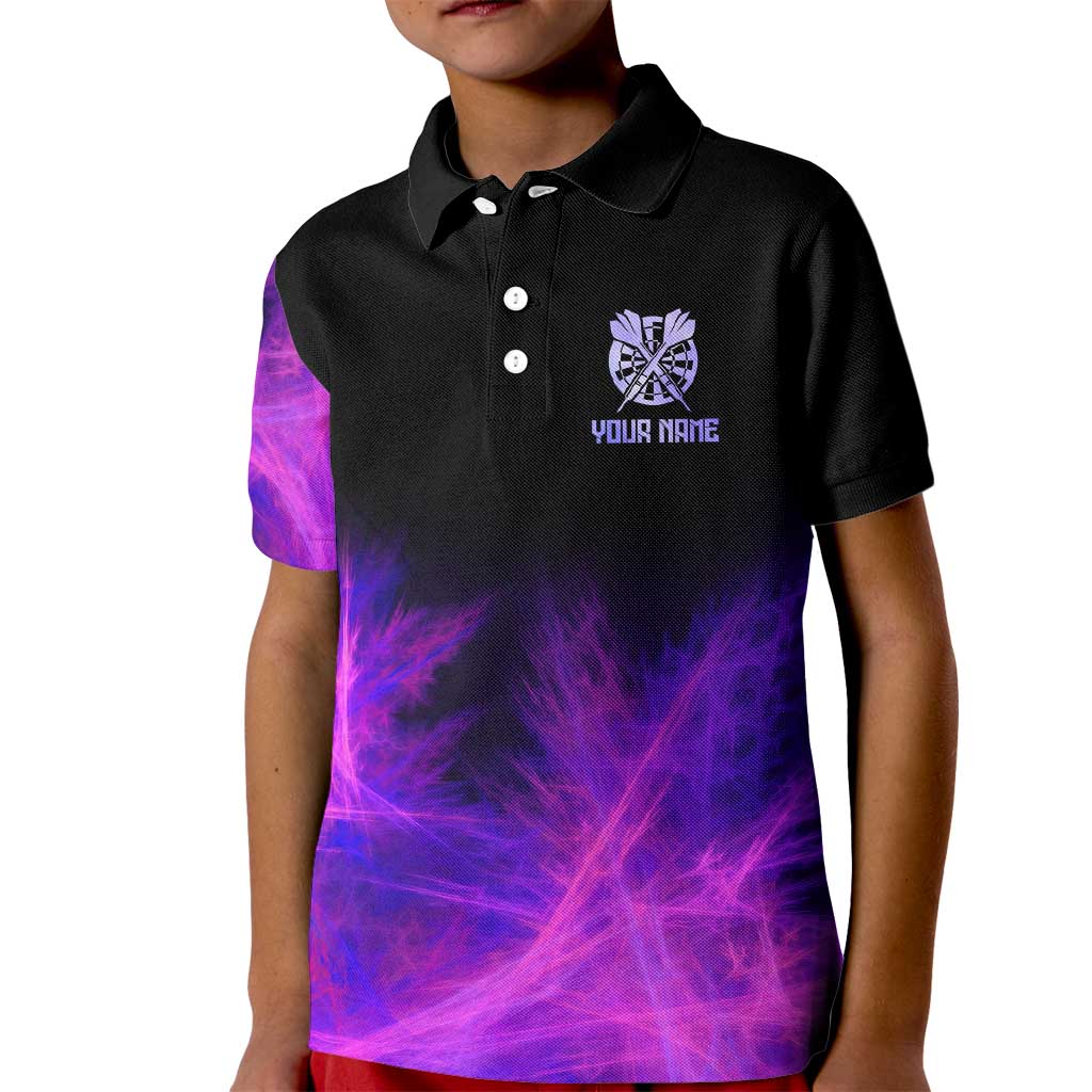 Dartboard and Darts Kid Polo Shirt with Purple Smoke Background and Custom Team Name - Wonder Print Shop
