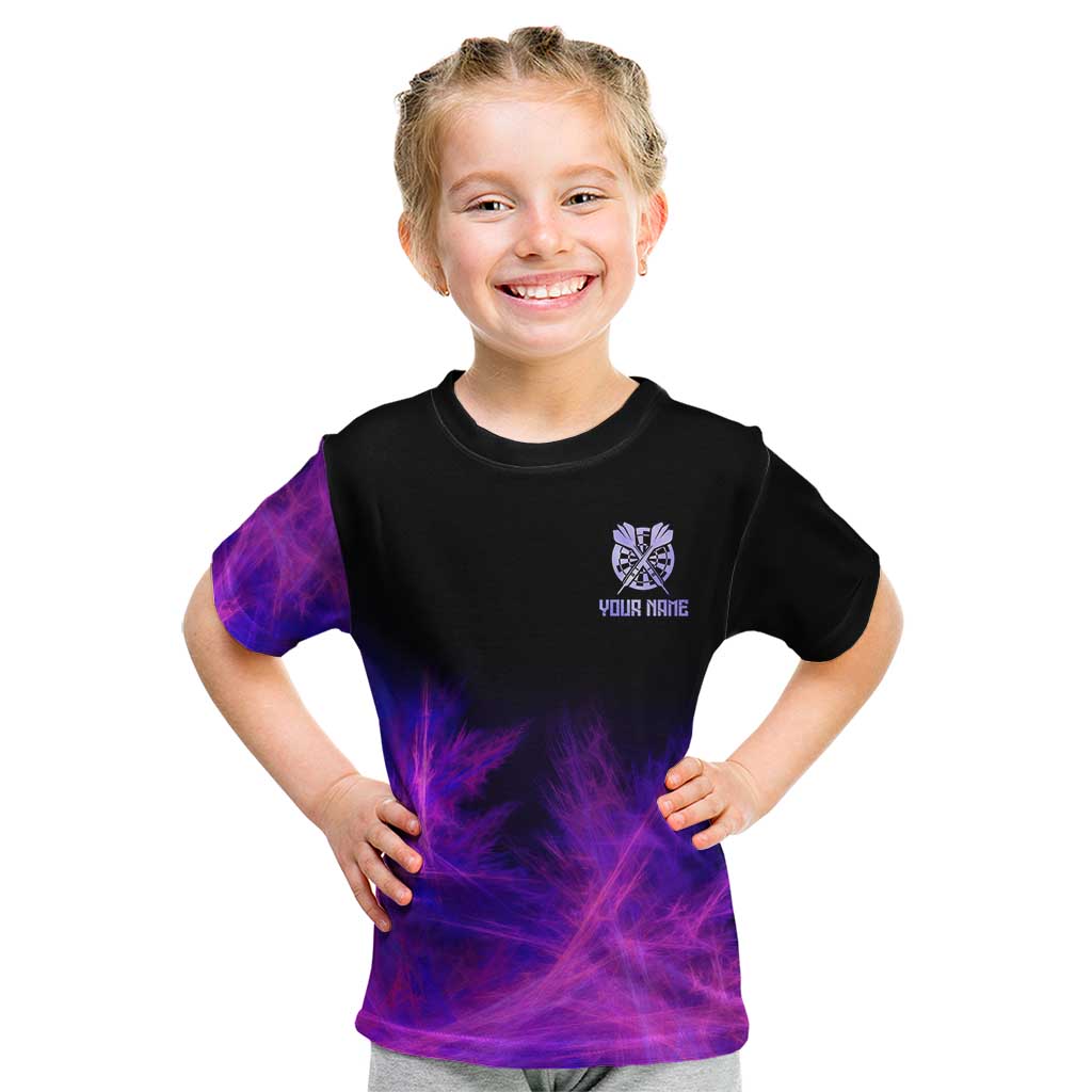 Dartboard and Darts Kid T Shirt with Purple Smoke Background and Custom Team Name - Wonder Print Shop