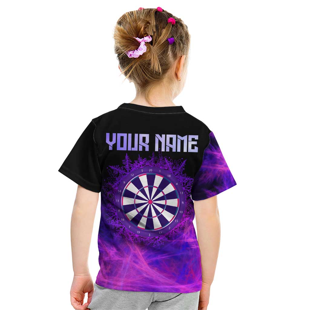 Dartboard and Darts Kid T Shirt with Purple Smoke Background and Custom Team Name - Wonder Print Shop