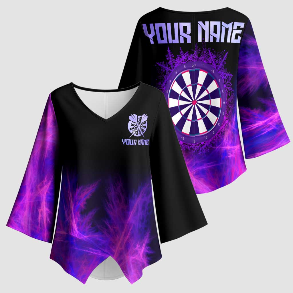 Dartboard and Darts Kimono Sleeve Blouse with Purple Smoke Background and Custom Team Name - Wonder Print Shop