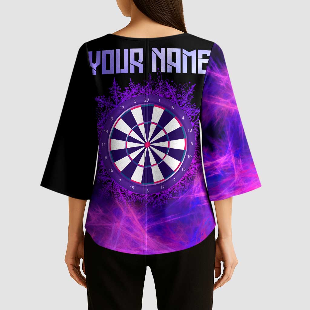 Dartboard and Darts Kimono Sleeve Blouse with Purple Smoke Background and Custom Team Name - Wonder Print Shop