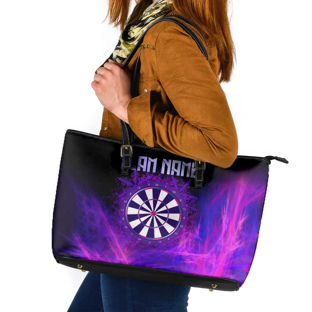 Dartboard and Darts Leather Tote Bag with Purple Smoke Background and Custom Team Name - Wonder Print Shop