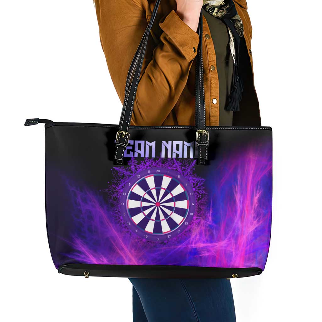 Dartboard and Darts Leather Tote Bag with Purple Smoke Background and Custom Team Name - Wonder Print Shop