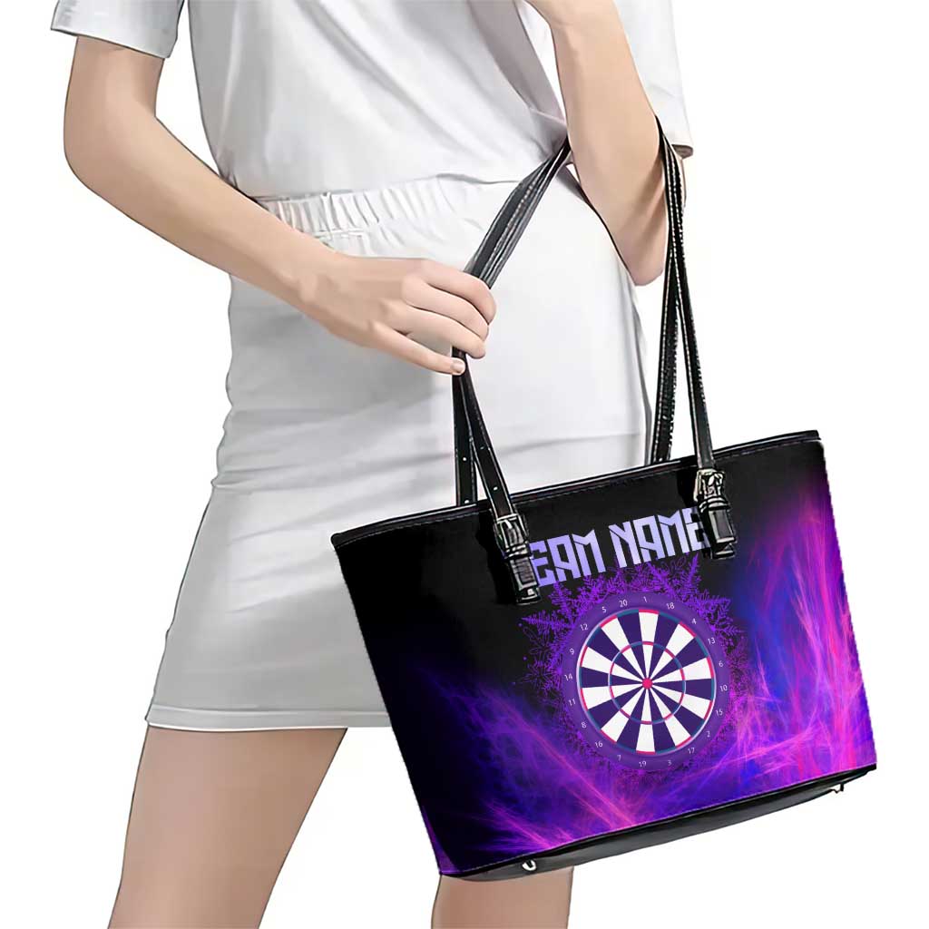 Dartboard and Darts Leather Tote Bag with Purple Smoke Background and Custom Team Name - Wonder Print Shop