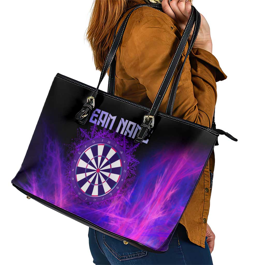 Dartboard and Darts Leather Tote Bag with Purple Smoke Background and Custom Team Name - Wonder Print Shop
