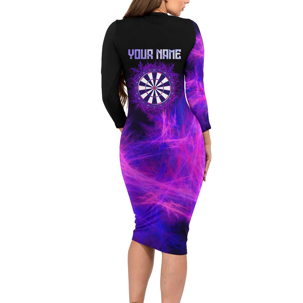 Dartboard and Darts Long Sleeve Bodycon Dress with Purple Smoke Background and Custom Team Name - Wonder Print Shop