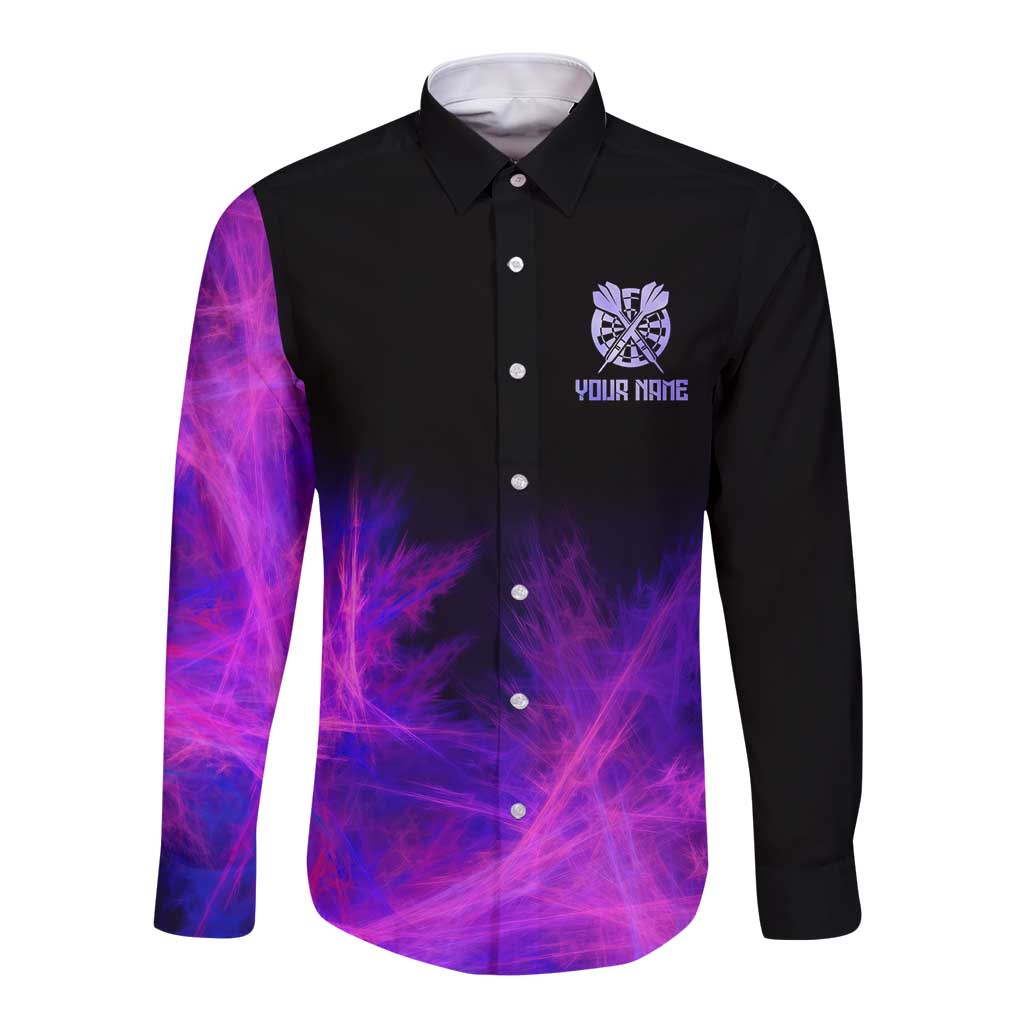 Dartboard and Darts Long Sleeve Button Shirt with Purple Smoke Background and Custom Team Name - Wonder Print Shop