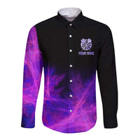 Dartboard and Darts Long Sleeve Button Shirt with Purple Smoke Background and Custom Team Name - Wonder Print Shop