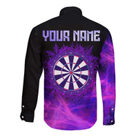 Dartboard and Darts Long Sleeve Button Shirt with Purple Smoke Background and Custom Team Name - Wonder Print Shop