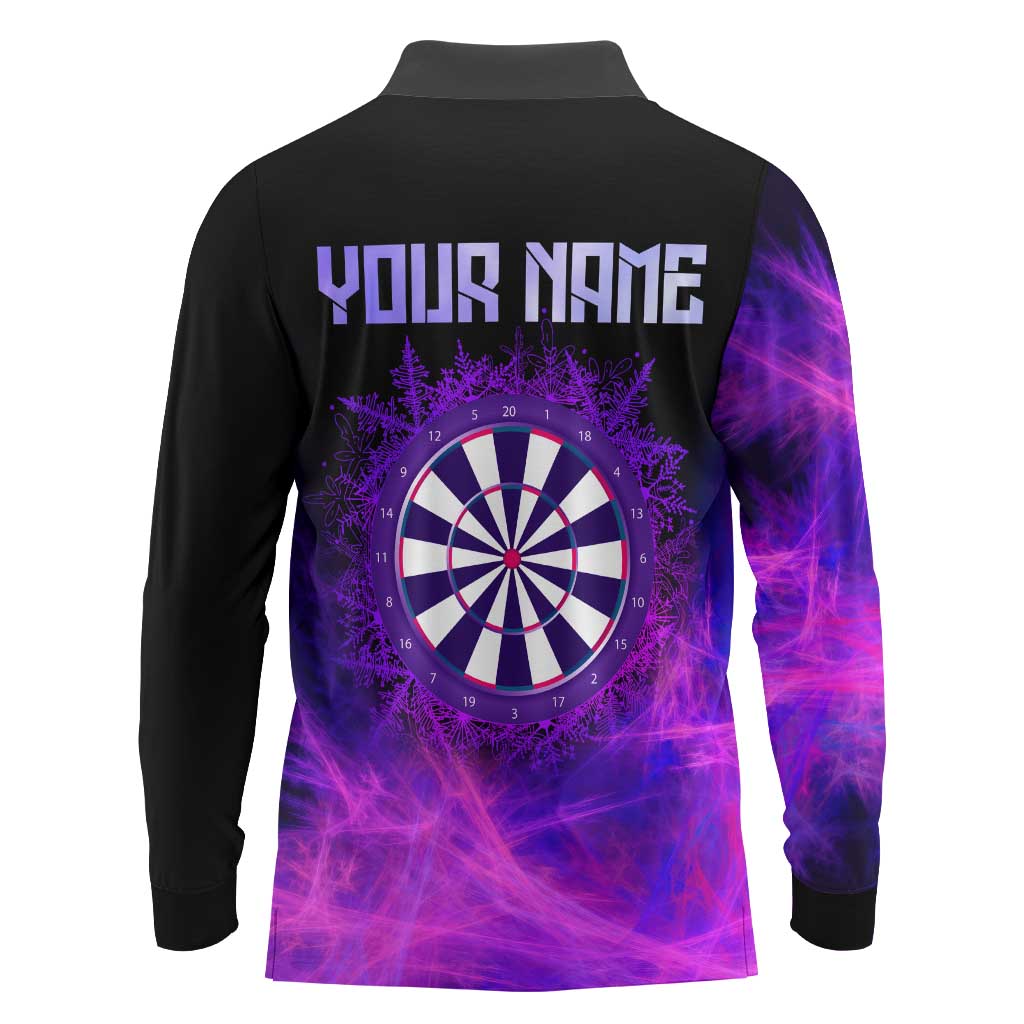 Dartboard and Darts Long Sleeve Polo Shirt with Purple Smoke Background and Custom Team Name - Wonder Print Shop