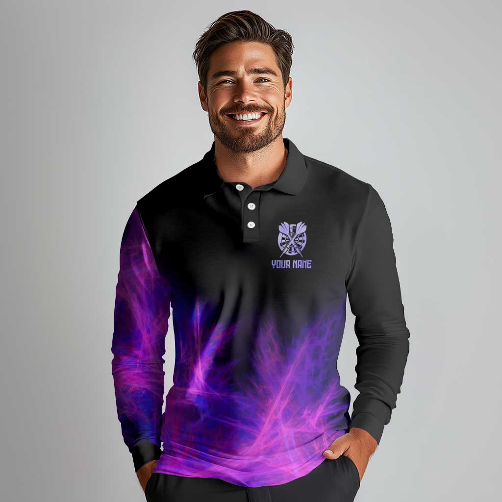 Dartboard and Darts Long Sleeve Polo Shirt with Purple Smoke Background and Custom Team Name - Wonder Print Shop