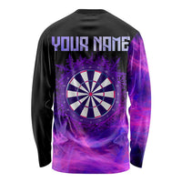 Dartboard and Darts Long Sleeve Shirt with Purple Smoke Background and Custom Team Name - Wonder Print Shop