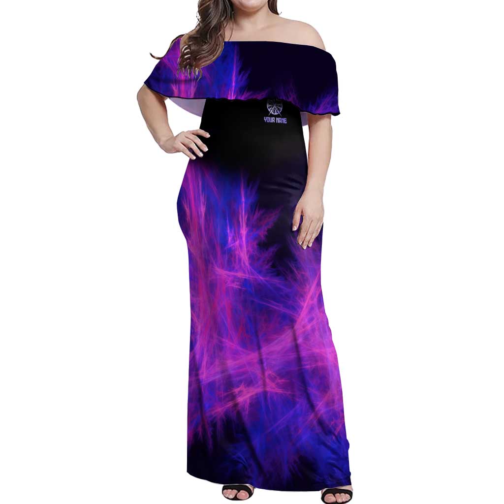 Dartboard and Darts Off Shoulder Maxi Dress with Purple Smoke Background and Custom Team Name - Wonder Print Shop