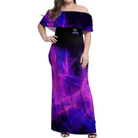 Dartboard and Darts Off Shoulder Maxi Dress with Purple Smoke Background and Custom Team Name - Wonder Print Shop