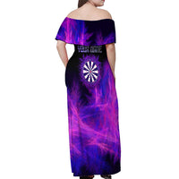 Dartboard and Darts Off Shoulder Maxi Dress with Purple Smoke Background and Custom Team Name - Wonder Print Shop