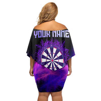 Dartboard and Darts Off Shoulder Short Dress with Purple Smoke Background and Custom Team Name - Wonder Print Shop
