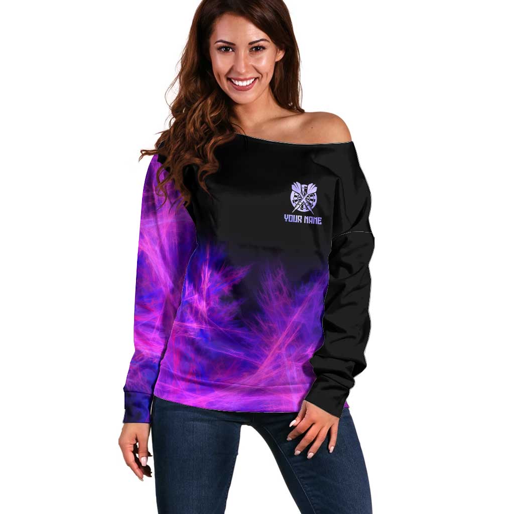 Dartboard and Darts Off Shoulder Sweater with Purple Smoke Background and Custom Team Name - Wonder Print Shop
