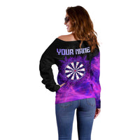 Dartboard and Darts Off Shoulder Sweater with Purple Smoke Background and Custom Team Name - Wonder Print Shop