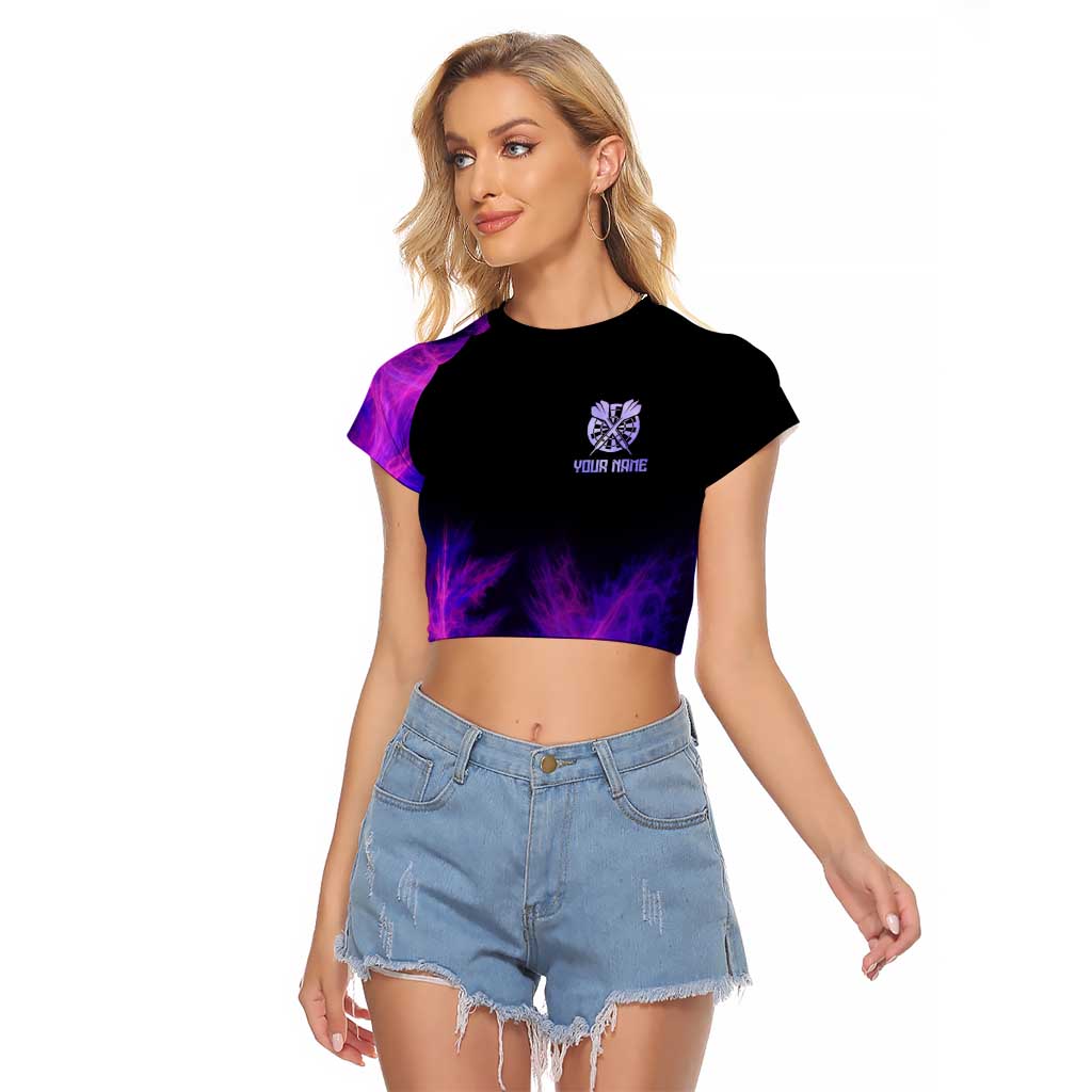 Dartboard and Darts Raglan Cropped T Shirt with Purple Smoke Background and Custom Team Name - Wonder Print Shop