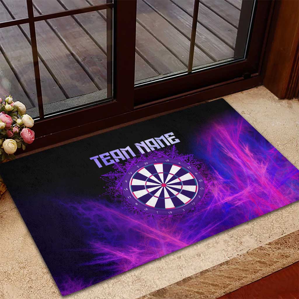 Dartboard and Darts Rubber Doormat with Purple Smoke Background and Custom Team Name - Wonder Print Shop
