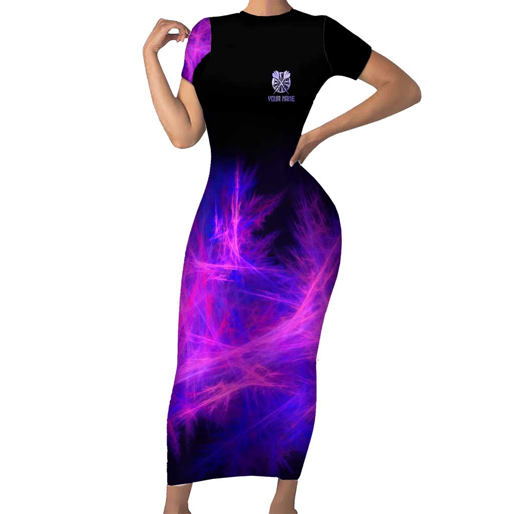 Dartboard and Darts Short Sleeve Bodycon Dress with Purple Smoke Background and Custom Team Name - Wonder Print Shop