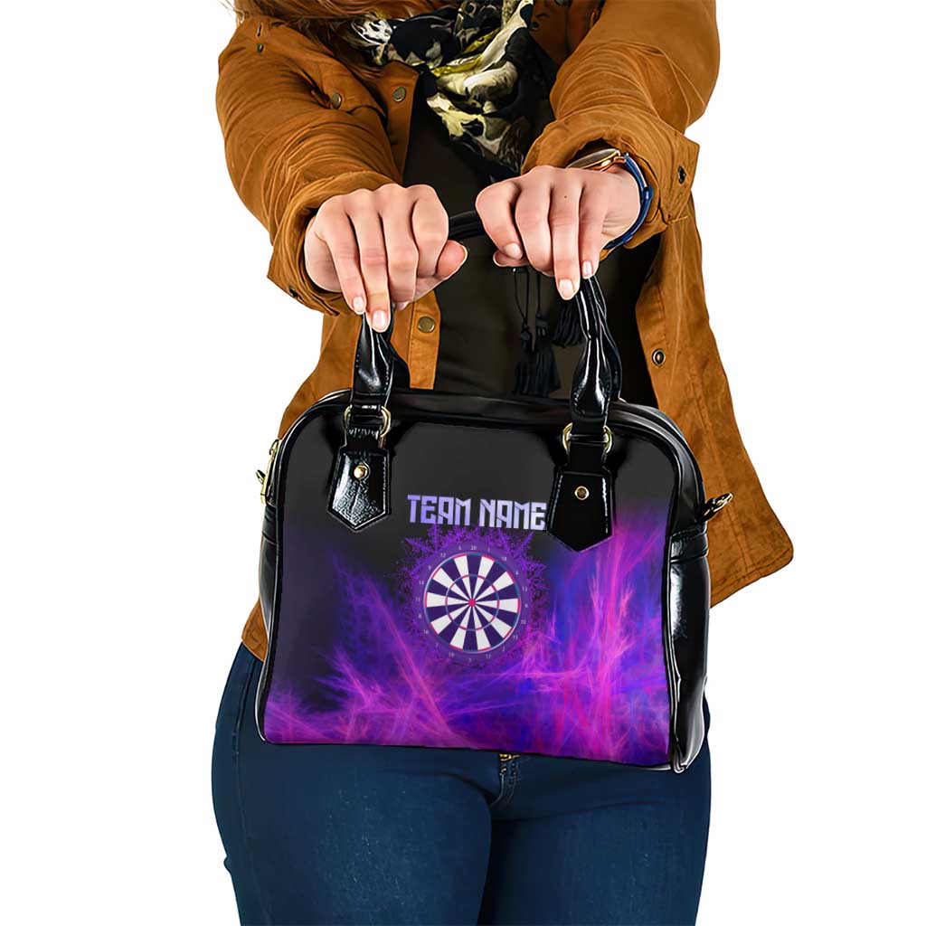 Dartboard and Darts Shoulder Handbag with Purple Smoke Background and Custom Team Name - Wonder Print Shop