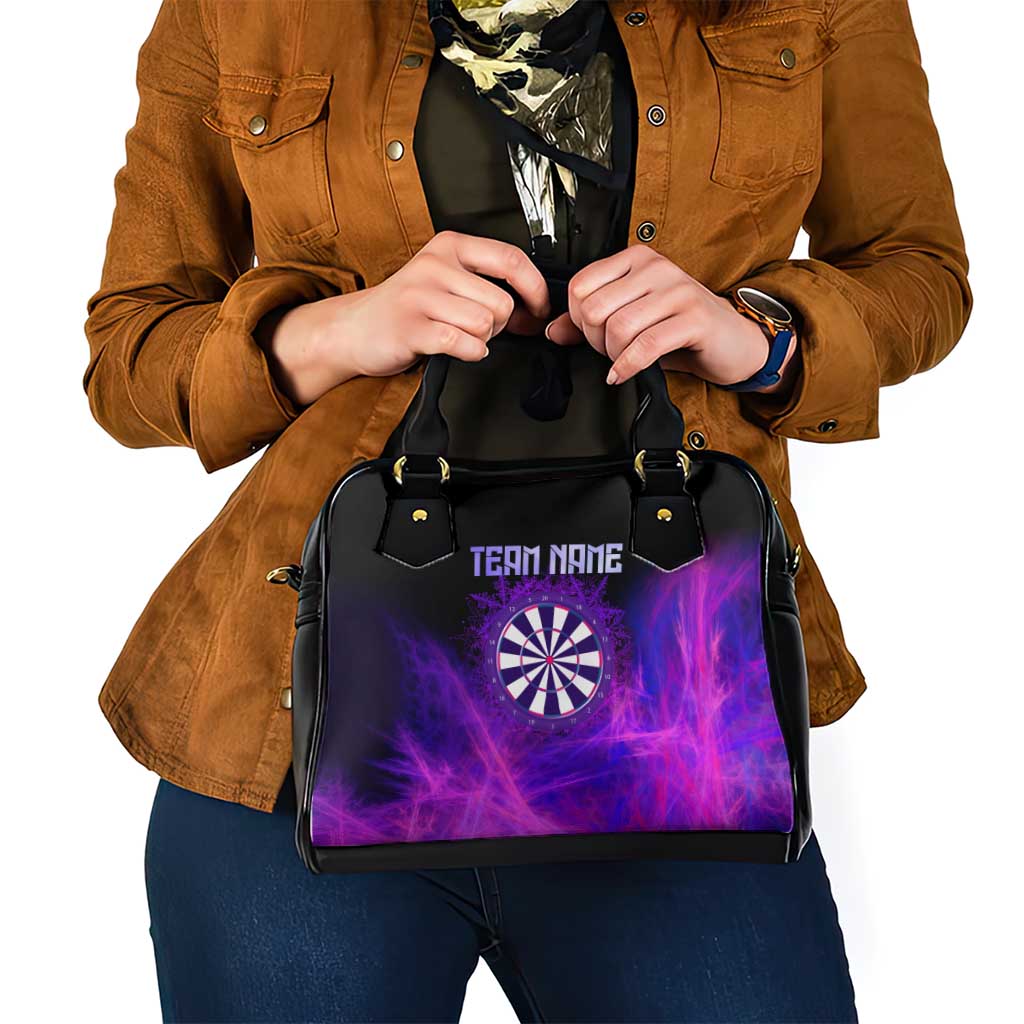 Dartboard and Darts Shoulder Handbag with Purple Smoke Background and Custom Team Name - Wonder Print Shop
