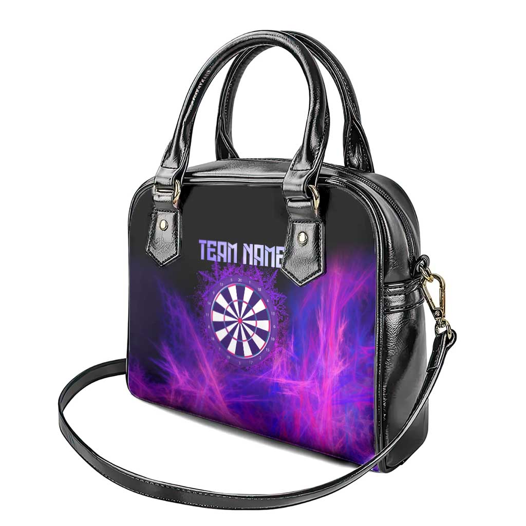 Dartboard and Darts Shoulder Handbag with Purple Smoke Background and Custom Team Name - Wonder Print Shop