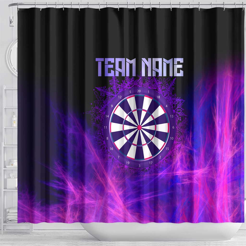 Dartboard and Darts Shower Curtain with Purple Smoke Background and Custom Team Name - Wonder Print Shop