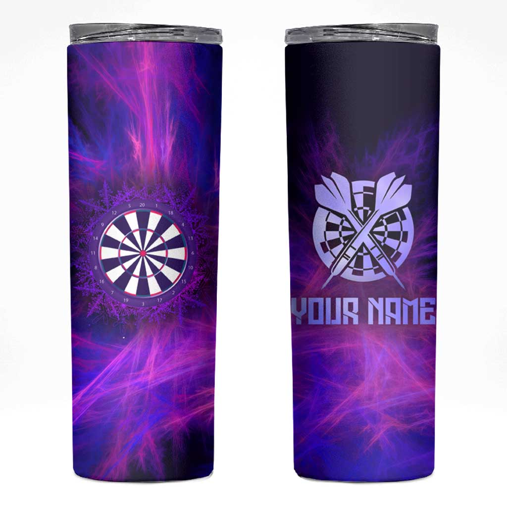 Dartboard and Darts Skinny Tumbler with Purple Smoke Background and Custom Team Name - Wonder Print Shop