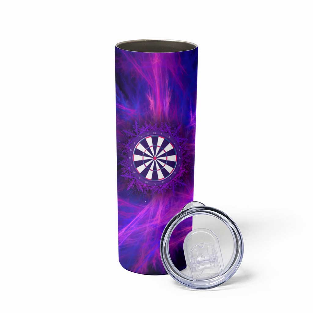 Dartboard and Darts Skinny Tumbler with Purple Smoke Background and Custom Team Name - Wonder Print Shop