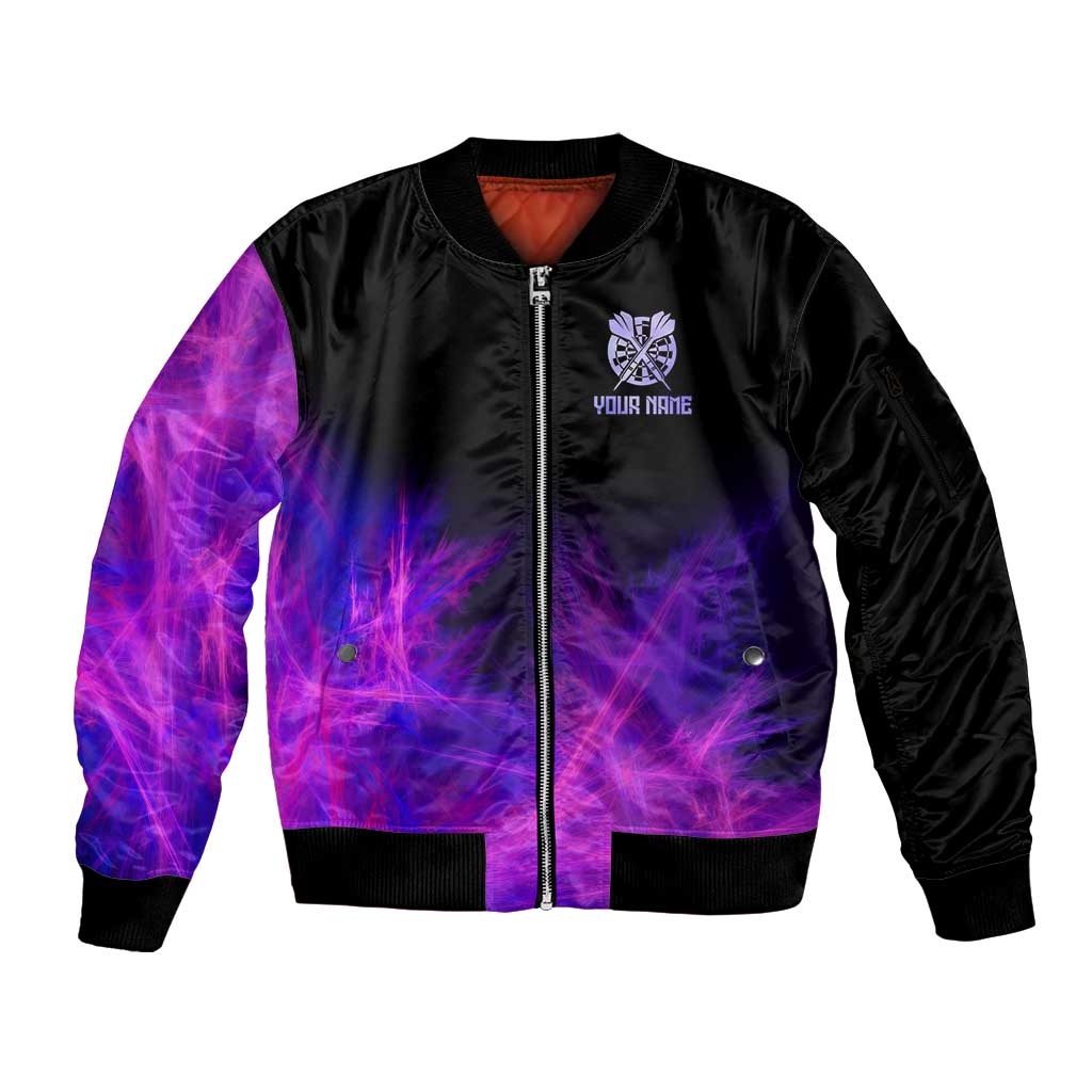 Dartboard and Darts Sleeve Zip Bomber Jacket with Purple Smoke Background and Custom Team Name - Wonder Print Shop