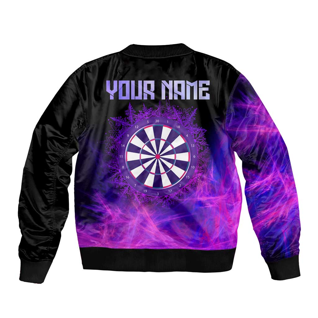 Dartboard and Darts Sleeve Zip Bomber Jacket with Purple Smoke Background and Custom Team Name - Wonder Print Shop