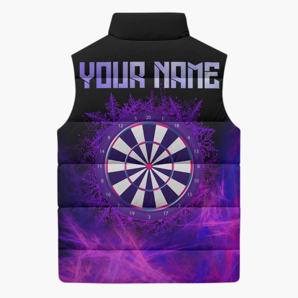 Dartboard and Darts Sleeveless Puffer Jacket with Purple Smoke Background and Custom Team Name - Wonder Print Shop