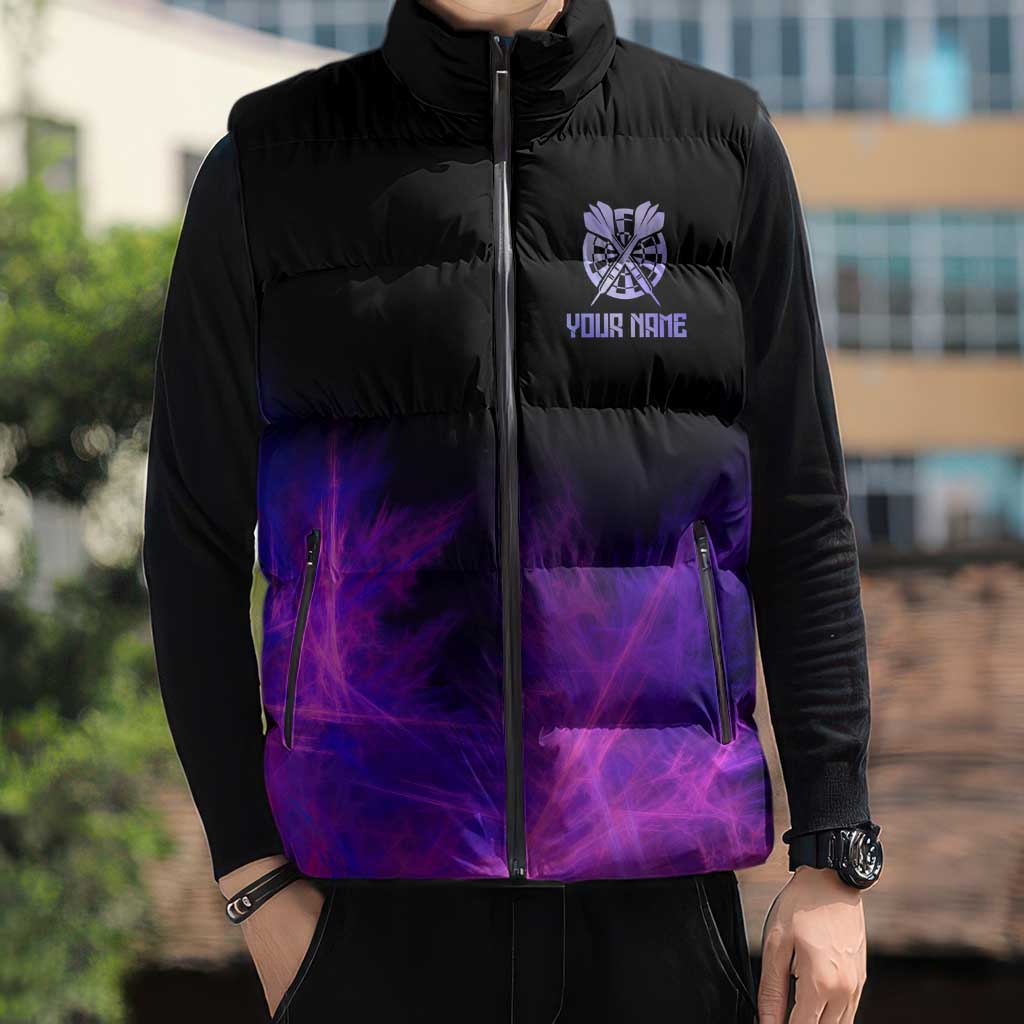 Dartboard and Darts Sleeveless Puffer Jacket with Purple Smoke Background and Custom Team Name - Wonder Print Shop