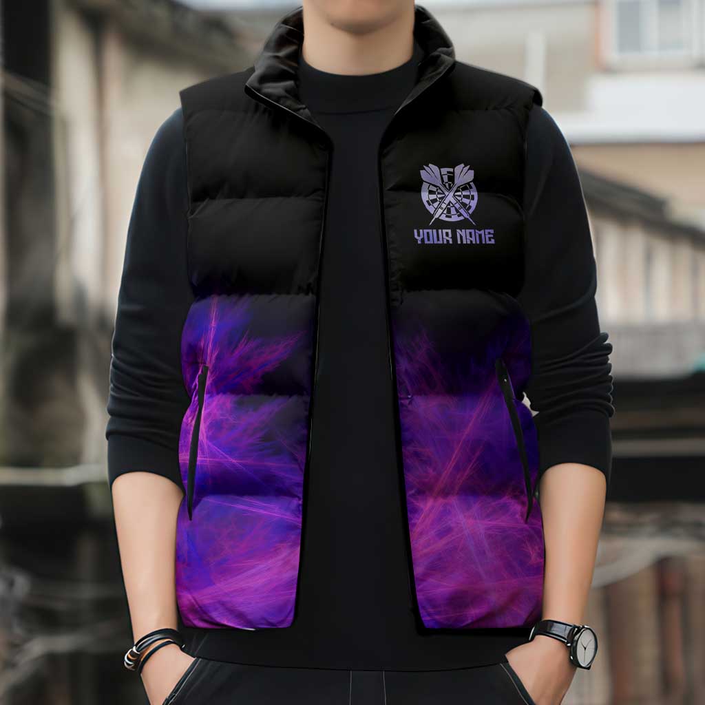 Dartboard and Darts Sleeveless Puffer Jacket with Purple Smoke Background and Custom Team Name - Wonder Print Shop