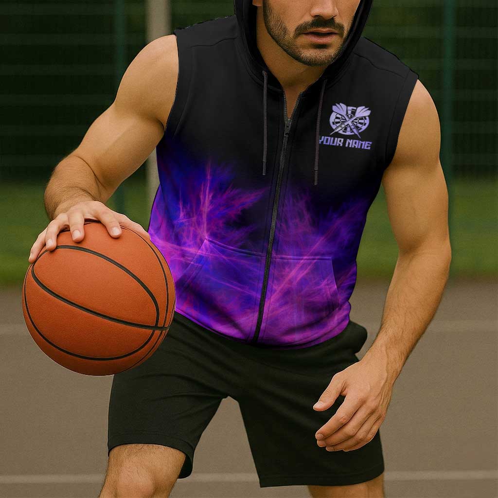Dartboard and Darts Sleeveless Zip Hoodie with Purple Smoke Background and Custom Team Name - Wonder Print Shop