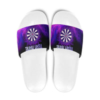 Dartboard and Darts Slide Sandals with Purple Smoke Background and Custom Team Name - Wonder Print Shop