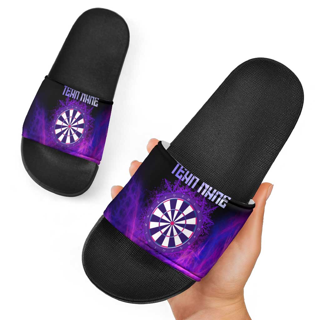 Dartboard and Darts Slide Sandals with Purple Smoke Background and Custom Team Name - Wonder Print Shop