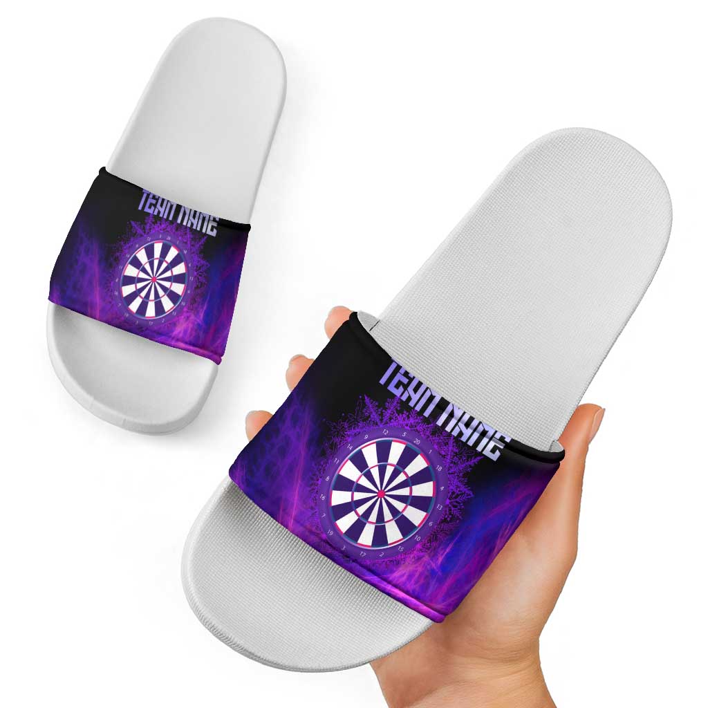 Dartboard and Darts Slide Sandals with Purple Smoke Background and Custom Team Name - Wonder Print Shop