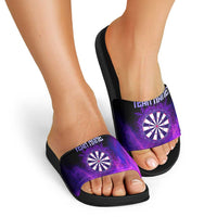 Dartboard and Darts Slide Sandals with Purple Smoke Background and Custom Team Name - Wonder Print Shop