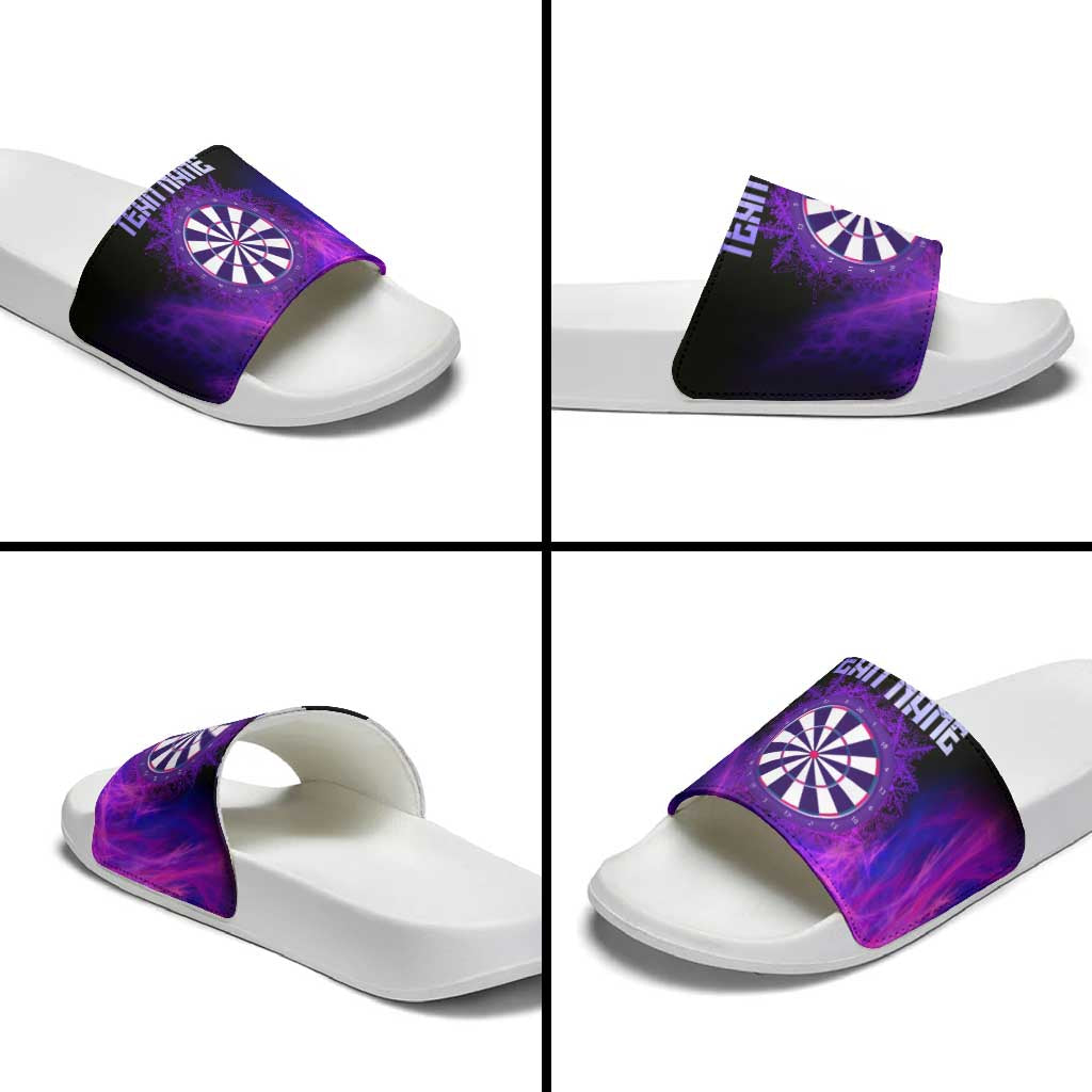 Dartboard and Darts Slide Sandals with Purple Smoke Background and Custom Team Name - Wonder Print Shop